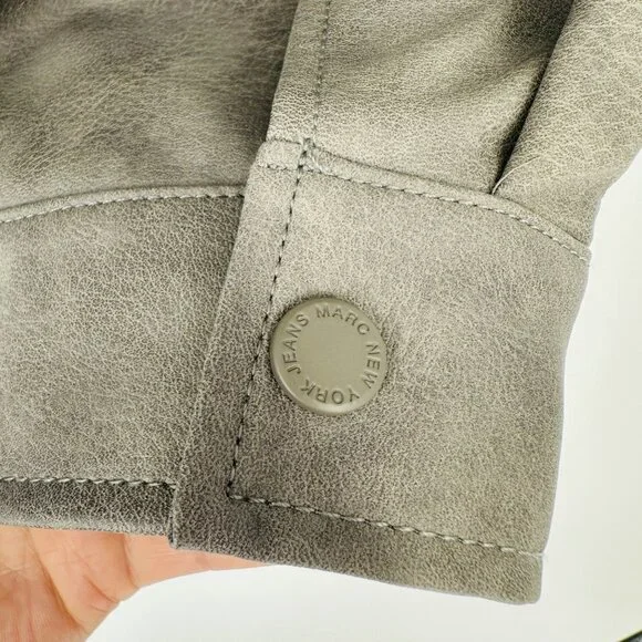 Marc New York Womens Grey Faux Leather Snap Button Long Sleeve Bomber Jacket L - Picture 7 of 11